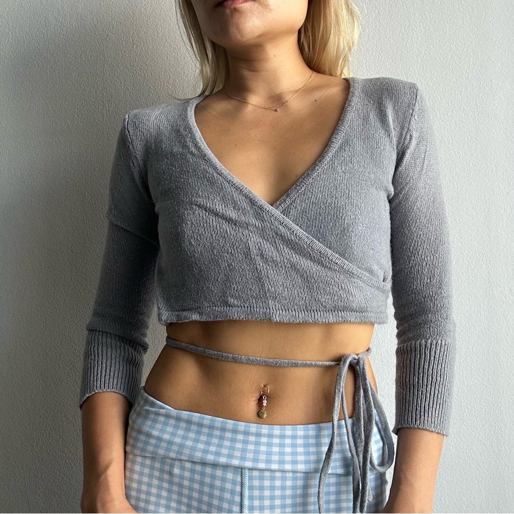 NWOT UO Mohair Wrap Ballet Crop Sweater w/ Quarter Sleeves and Waist Tie in Blue